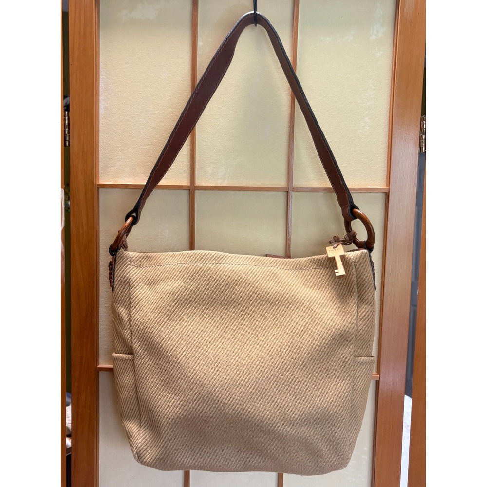 Fossil Tan Woven Canvas Leather Trim Shoulder Bag Wooden Key Charm 75082